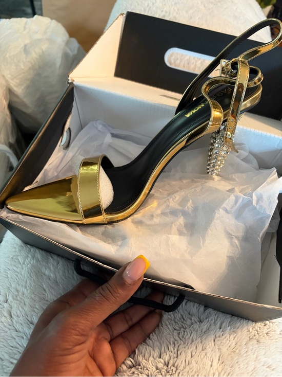 Fashion Nova Shoes - Fashion Nova Gold Pointed Toe Stiletto Sandal with Jeweled Heel